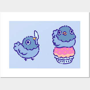 Pigeons with a knife and cupcake Posters and Art